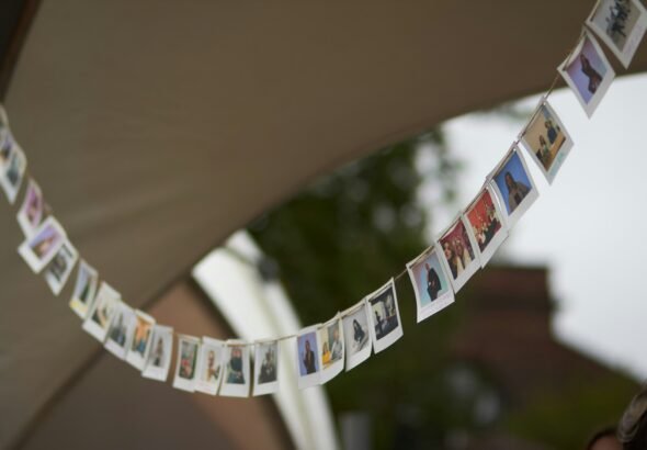 Creative grad party photo display ideas featuring a timeline wall