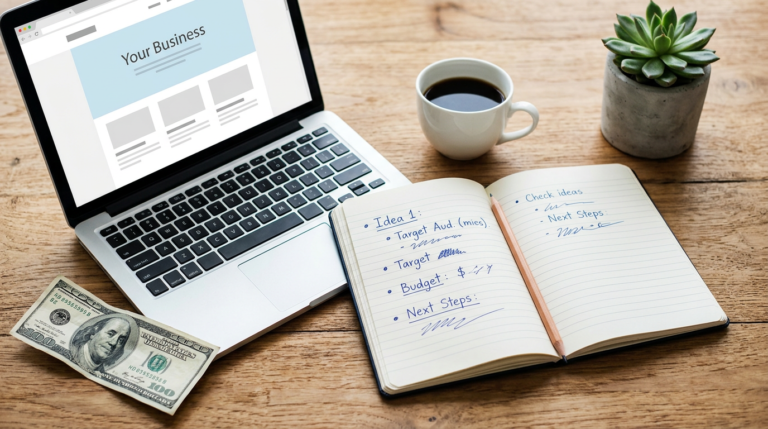 How to start a business with $100 — a workspace flat lay showing a laptop, business plan notebook, and a hundred dollar bill on a wooden desk