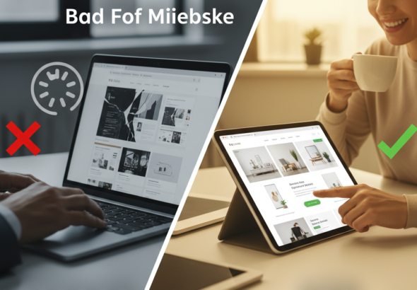 Minimal workspace flat lay with laptop displaying brand color swatches, coffee mug, notebooks, and eucalyptus sprig – illustrating a professional brand‑building environment. Website Mistakes